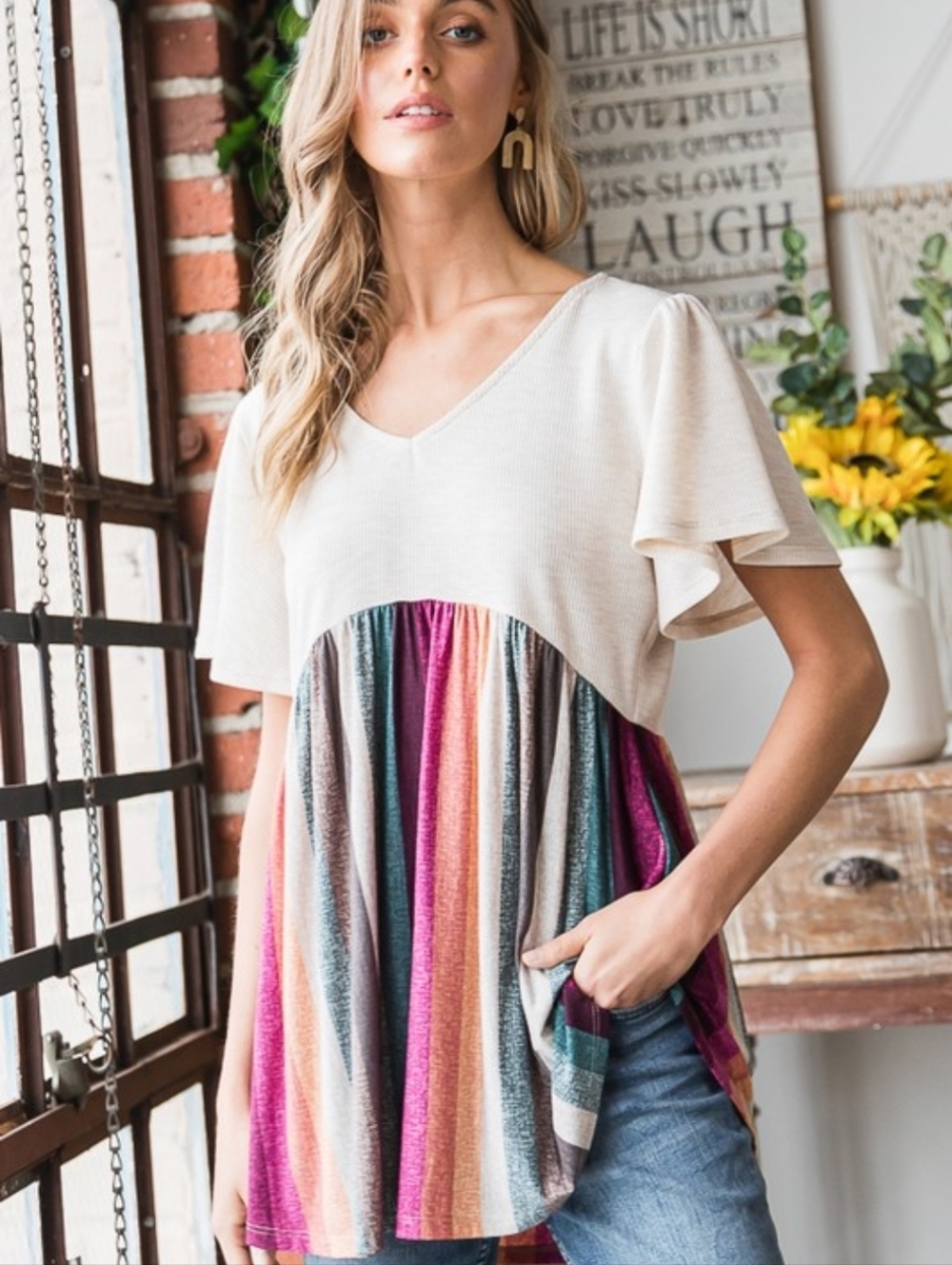 New Heimish Oatmeal Babydoll Stdiped Top